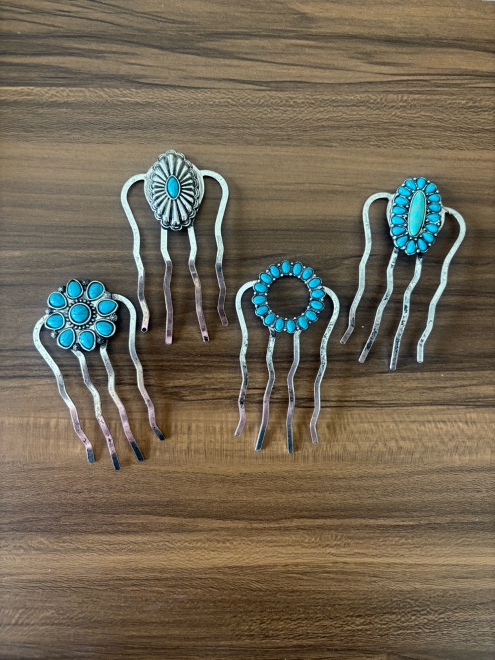 Turquoise Silver-Tone Hair Pins - Set of 4